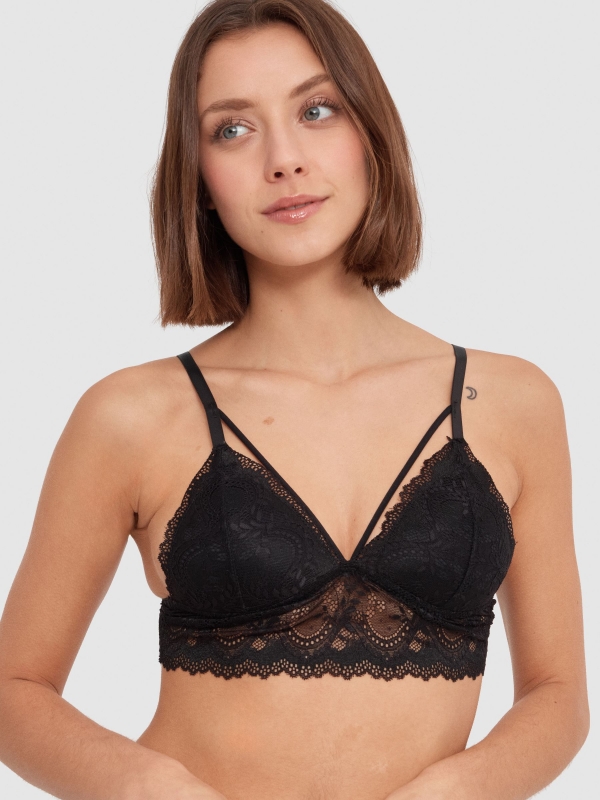 Lace triangle bra black front view