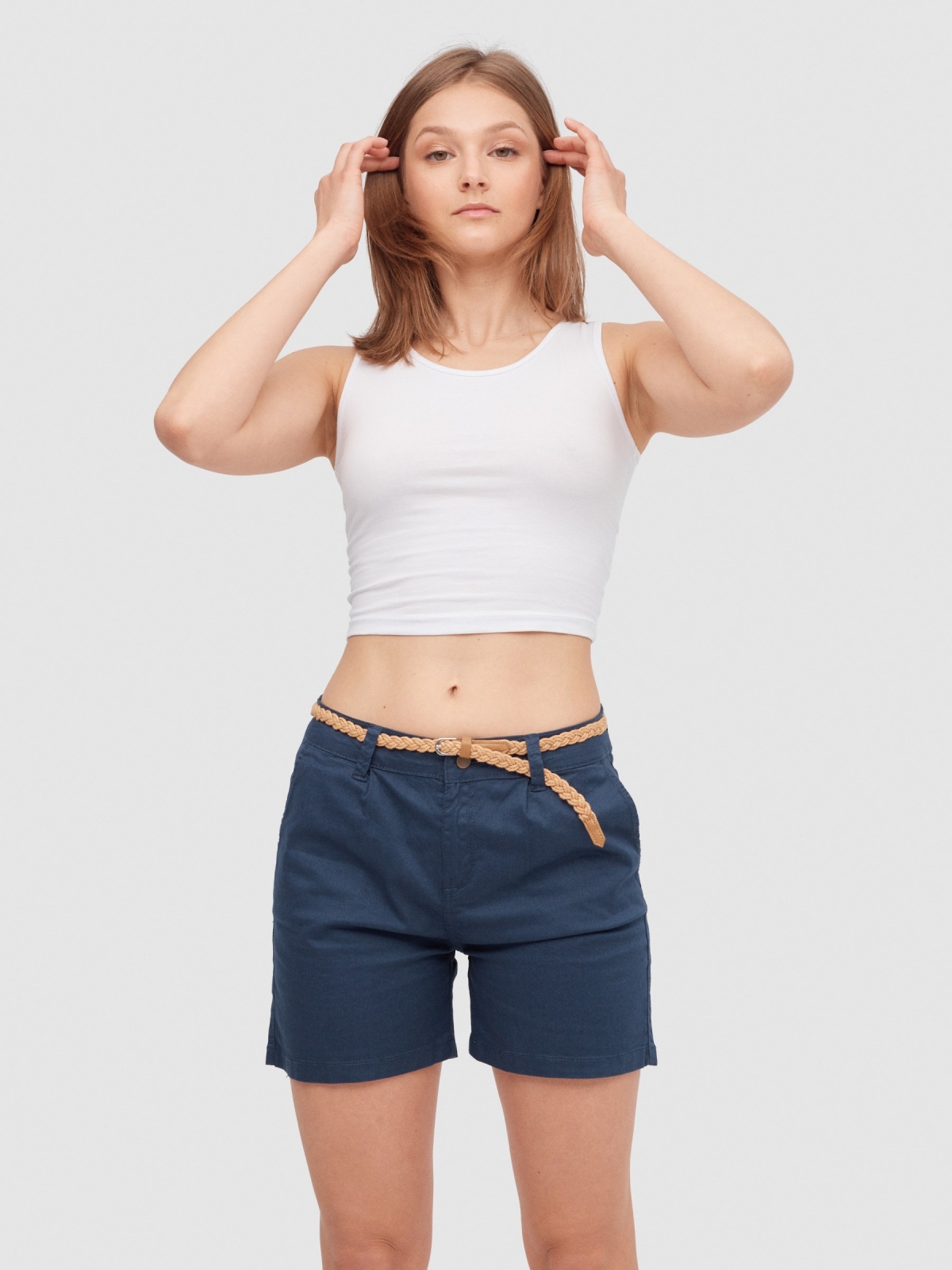 Shorts with belt blue middle front view