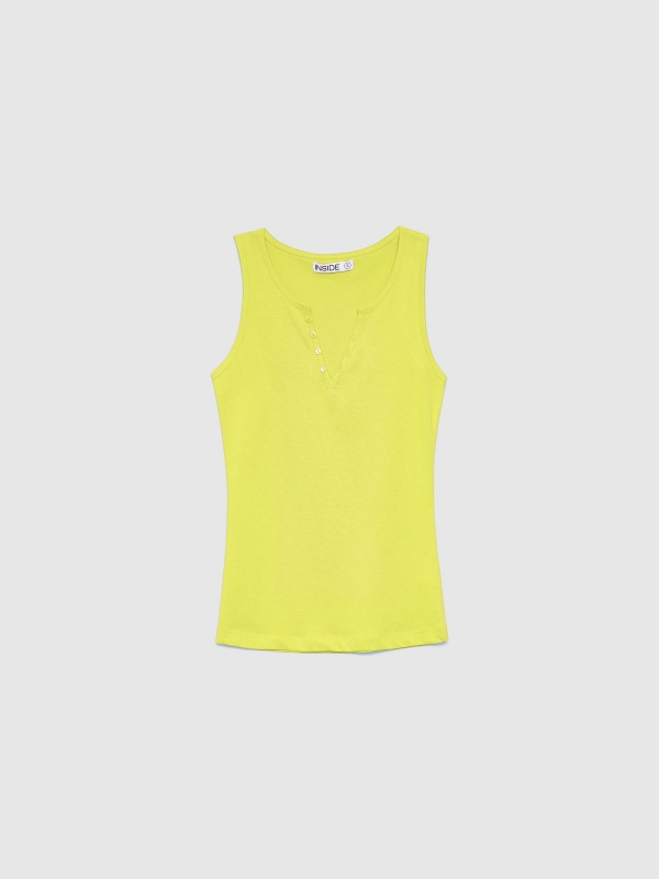  T-shirt decote em V com botões amarelo claro