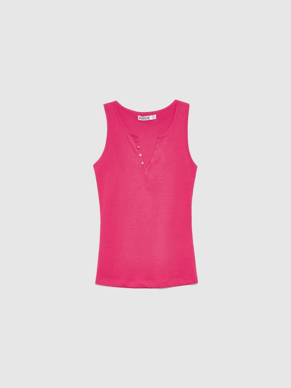  T-shirt decote em V com botões rosa magenta