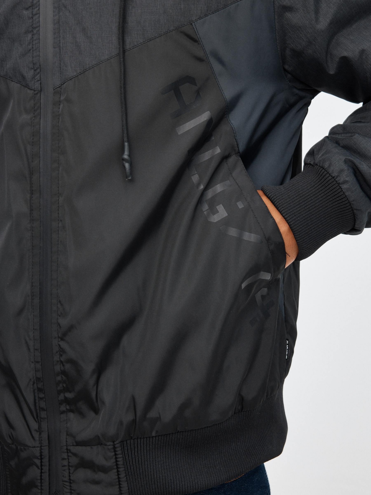 Nylon jacket colour block graphic black detail view