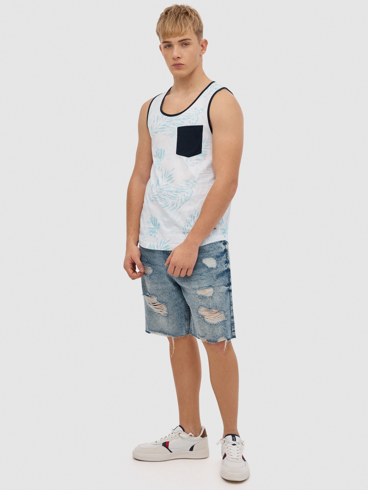 Tropical tank top with pocket white front view