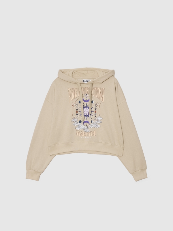  Sudadera crop print gráfico taupe