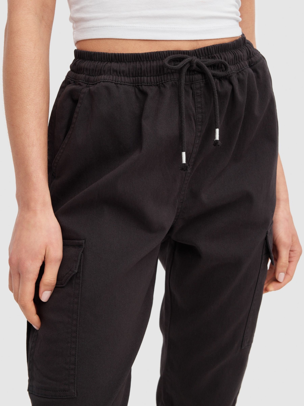 High rise cargo jogger pants black detail view