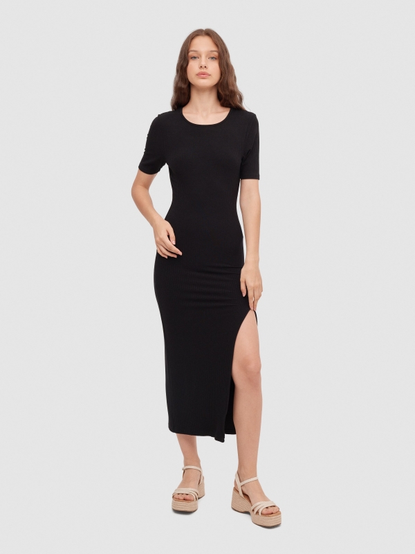 Ribbed midi dress black middle front view