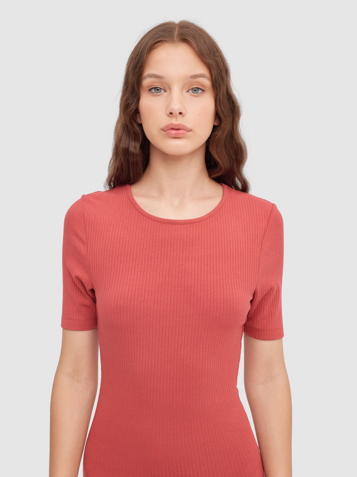 Ribbed midi dress mineral red front view