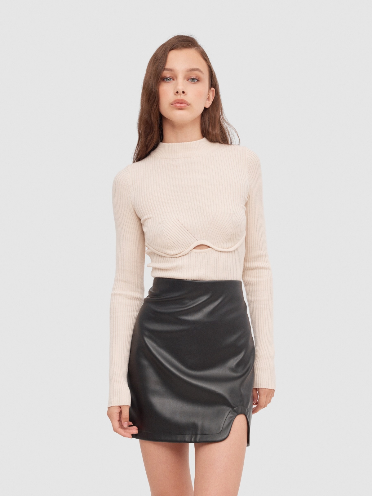 Leather effect mini skirt with slit black middle front view