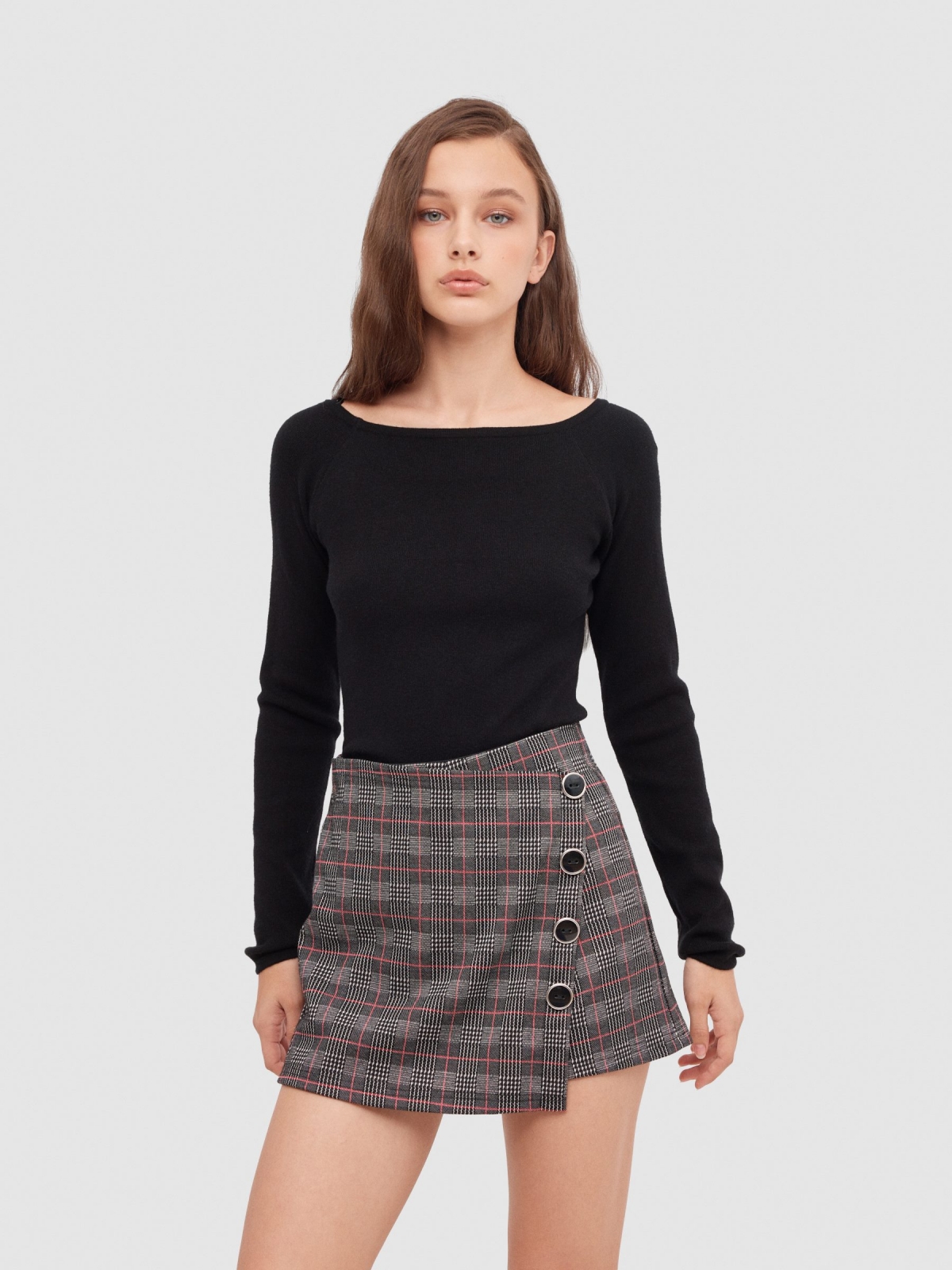 Plaid skort with buttons black middle front view