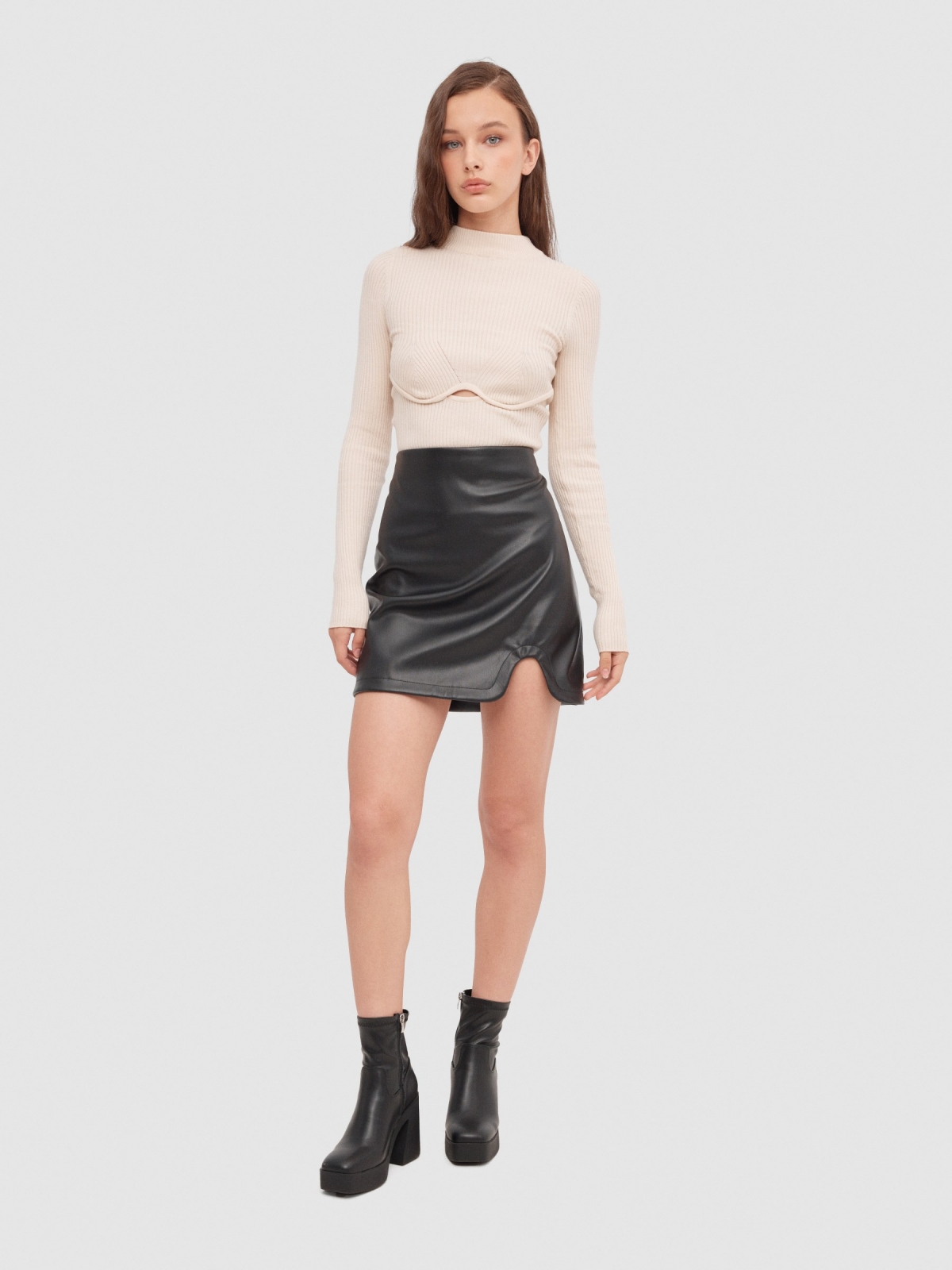 Leather effect mini skirt with slit black front view