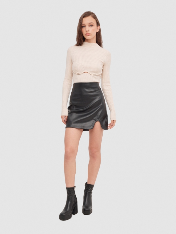 Leather effect mini skirt with slit black front view