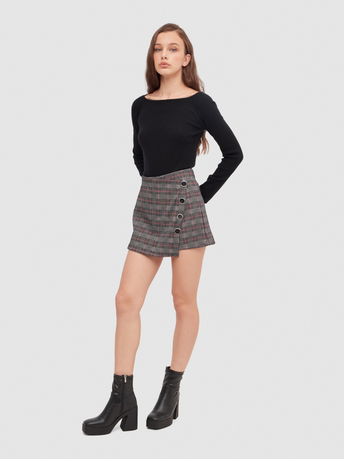 Plaid skort with buttons black front view