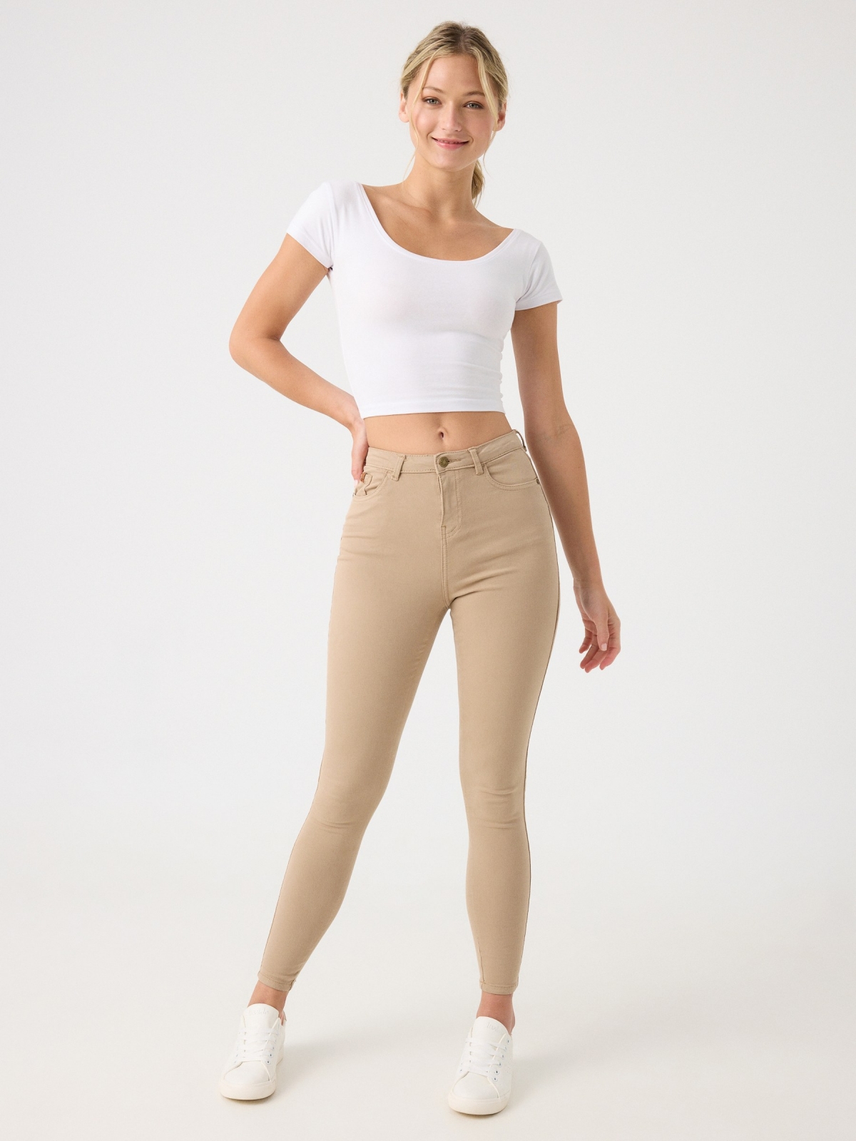 High rise skinny pants beige front view