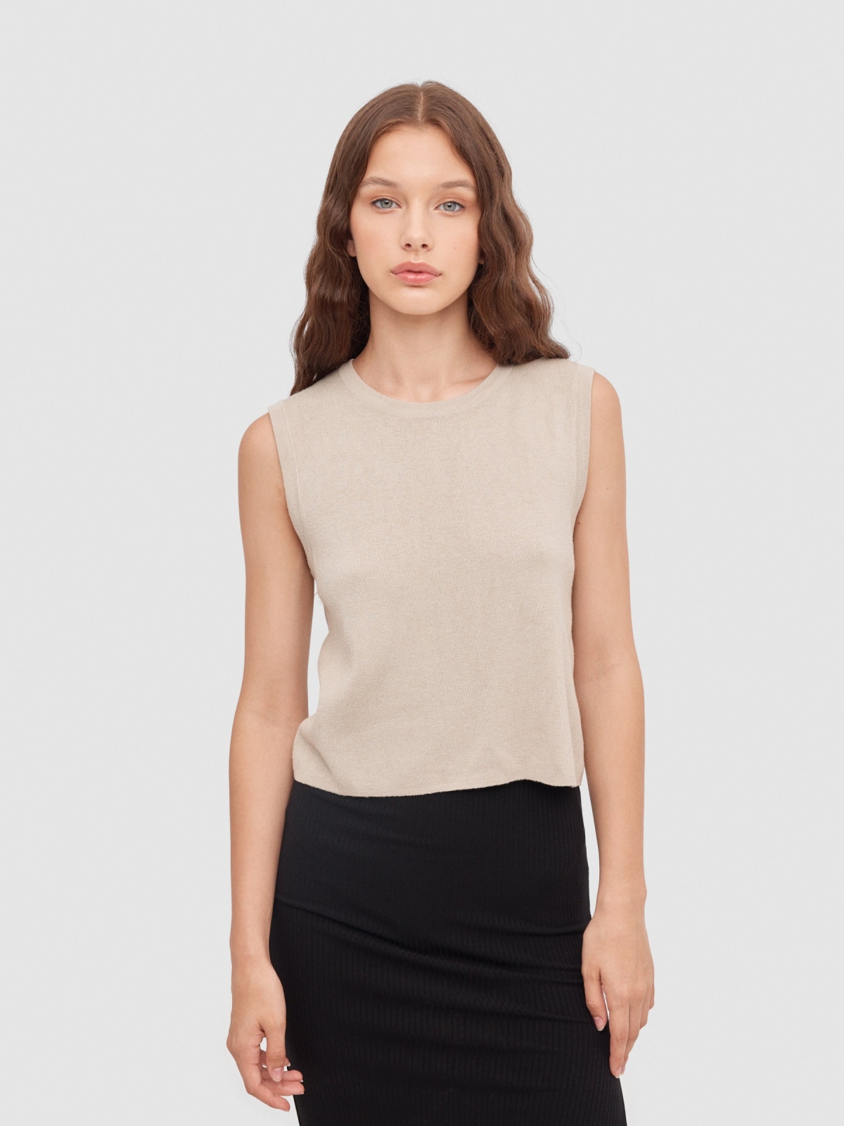 Sleeveless knitted top taupe middle front view