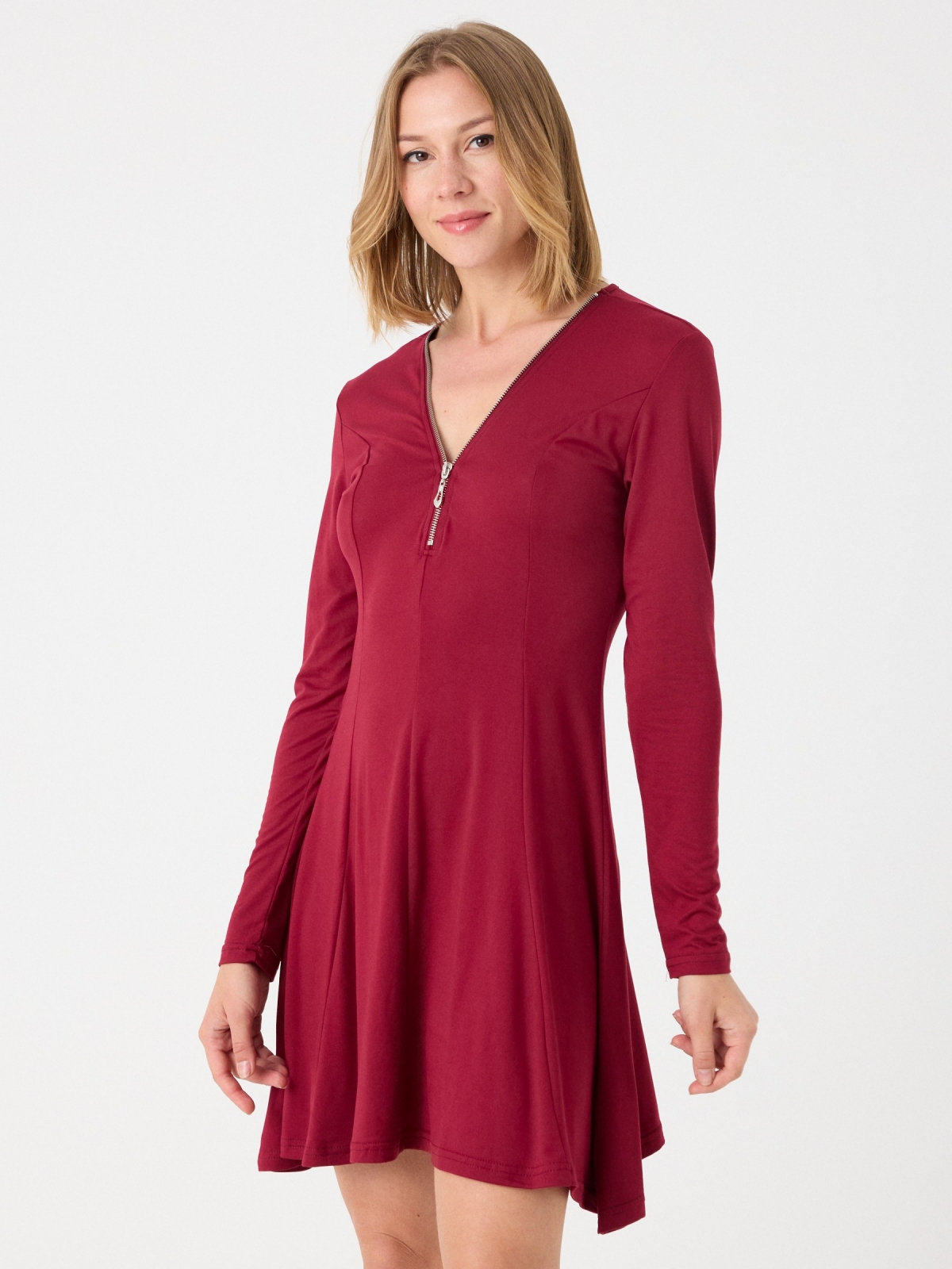 Mini dress with zipper neckline garnet middle front view