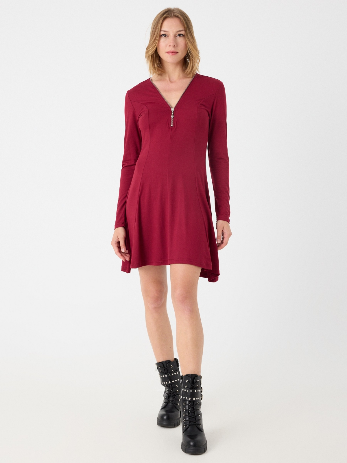 Mini dress with zipper neckline garnet front view