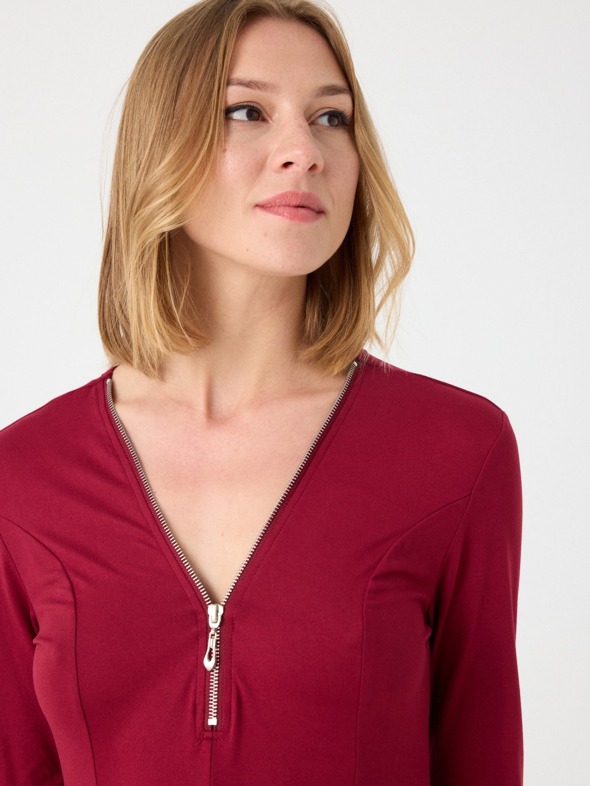 Mini dress with zipper neckline garnet detail view