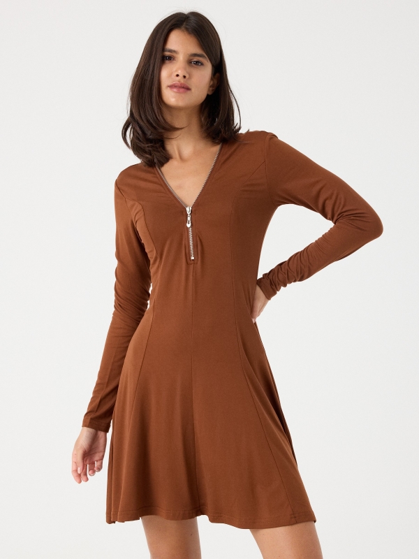 Mini dress with zipper neckline brown middle front view