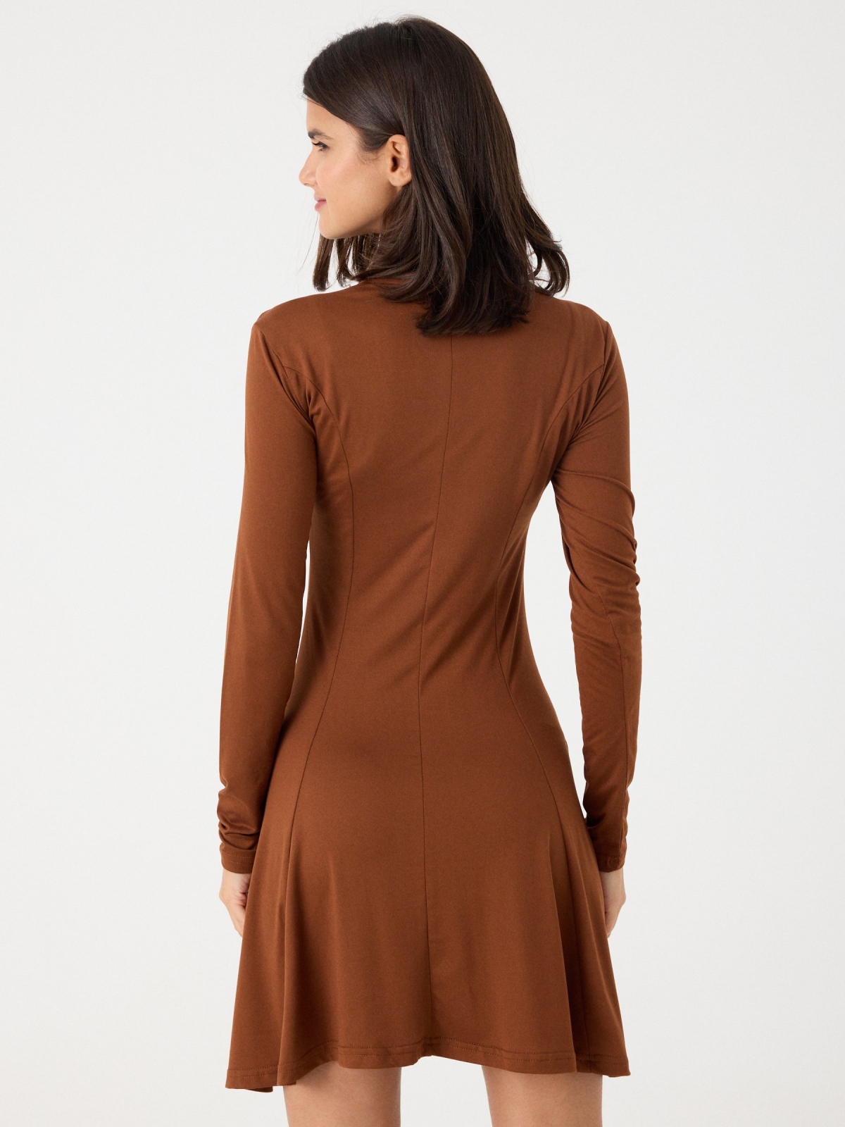 Mini dress with zipper neckline brown middle back view