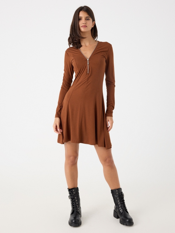 Mini dress with zipper neckline brown front view