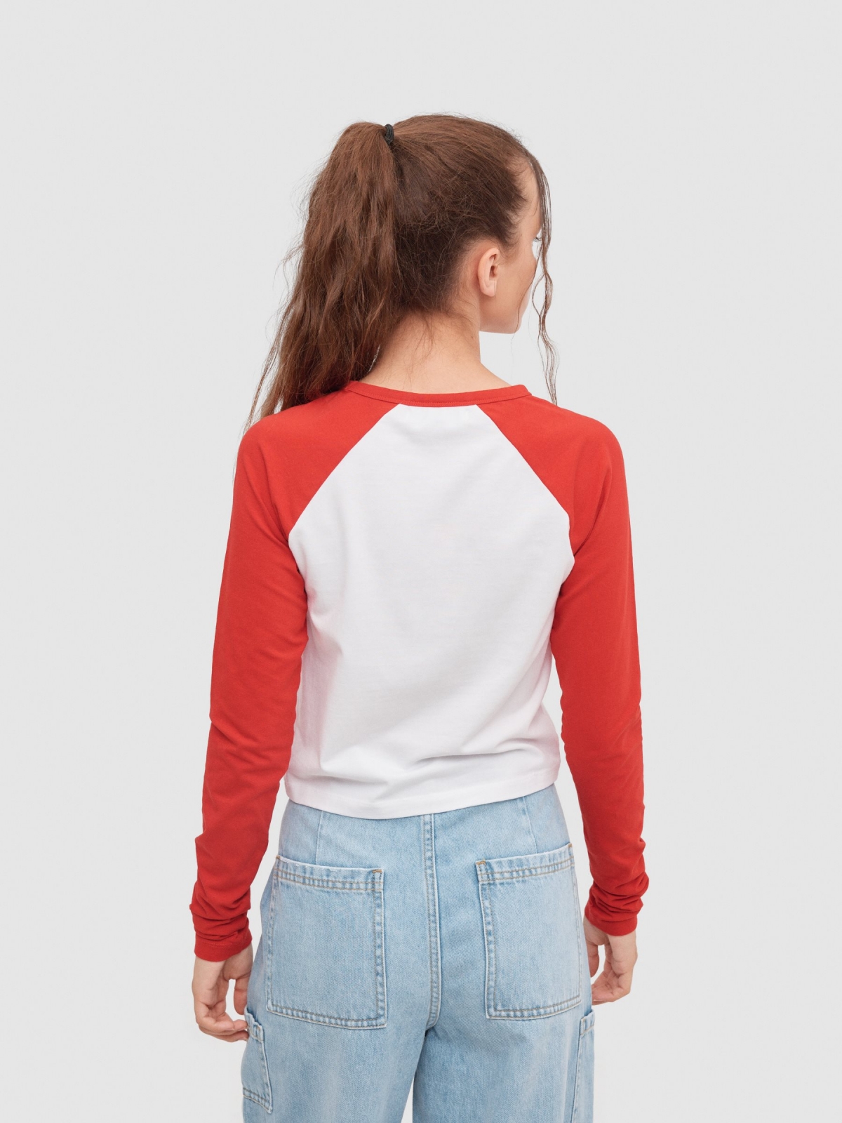 Long sleeve raglan crop top with graphics carmine middle back view