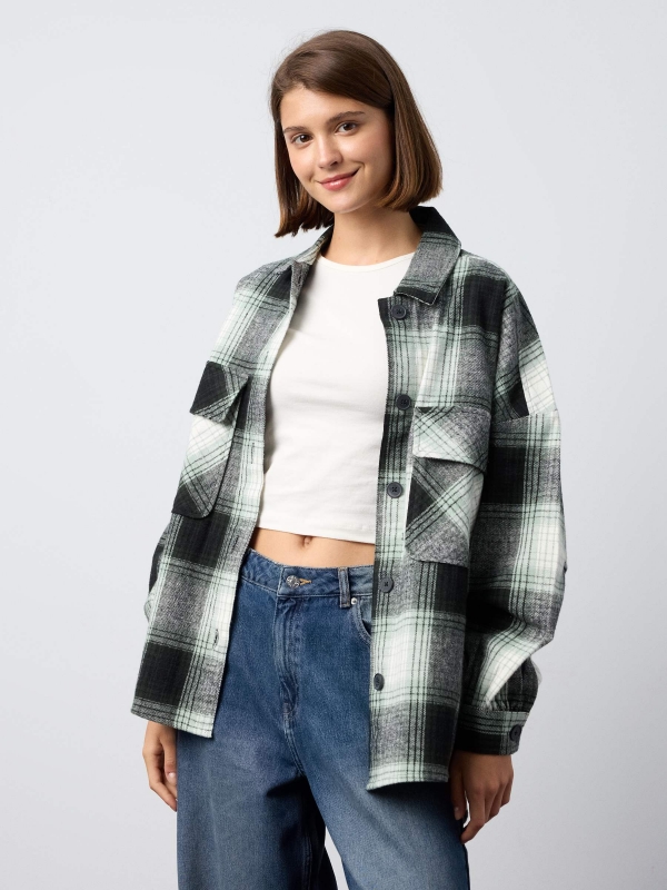 Plaid overshirt green middle front view