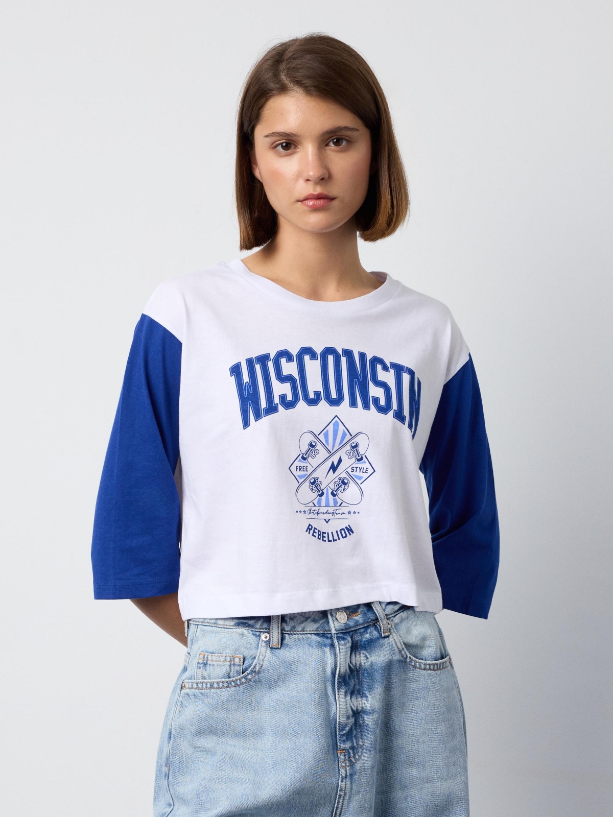 Camiseta estampado Wisconsin azul añil vista media frontal