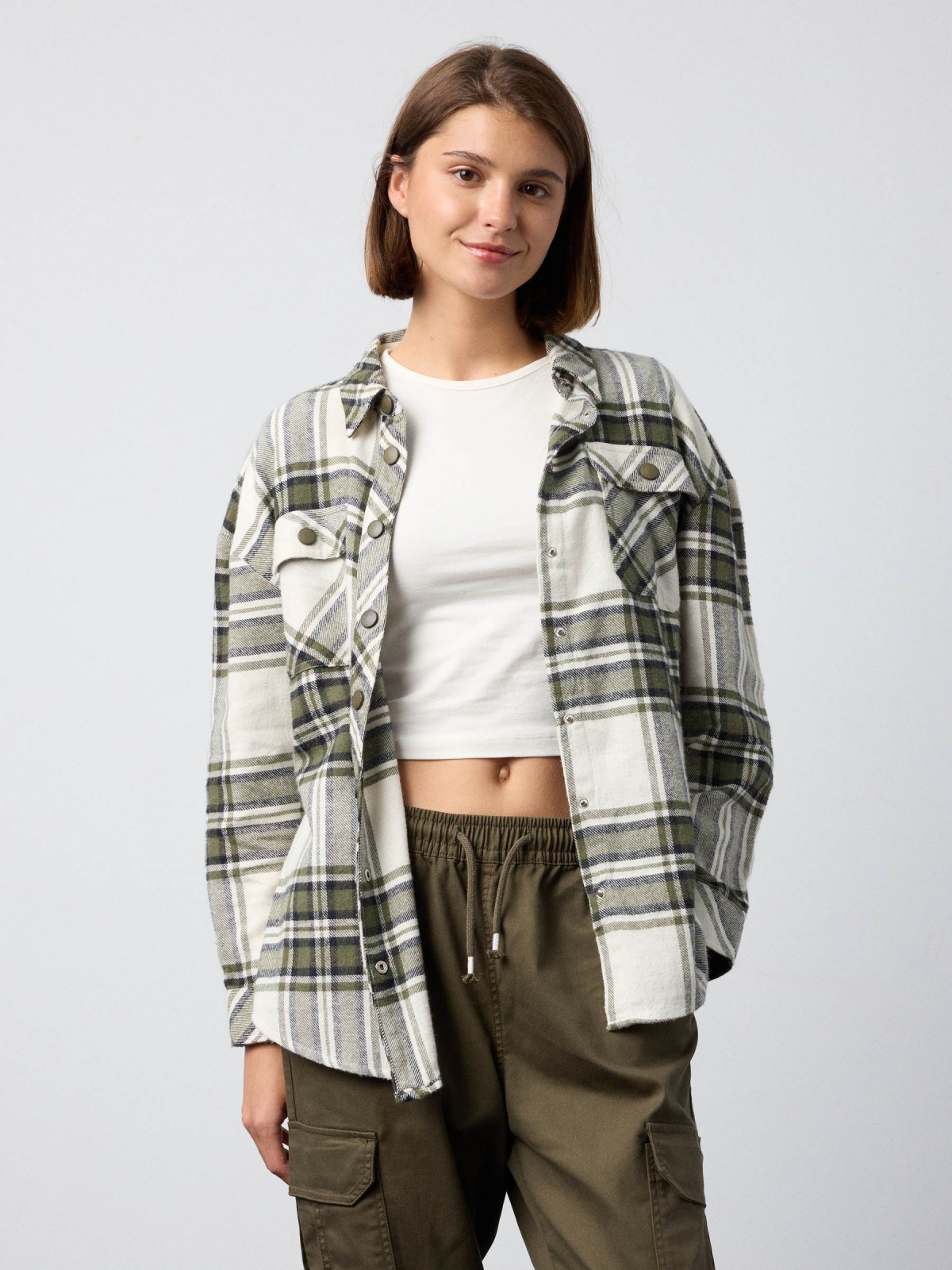 Plaid overshirt green middle front view