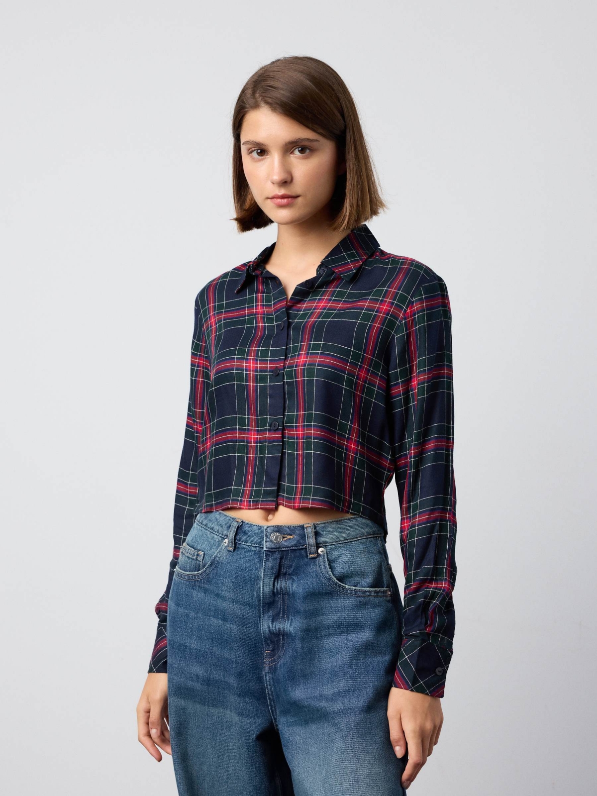 Plaid crop shirt navy middle front view