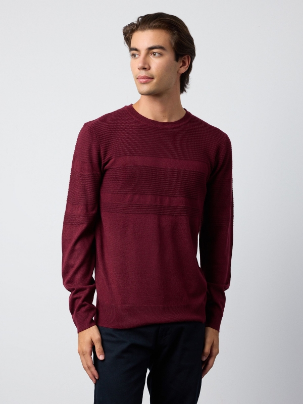 Embossed striped jumper burgundy middle front view