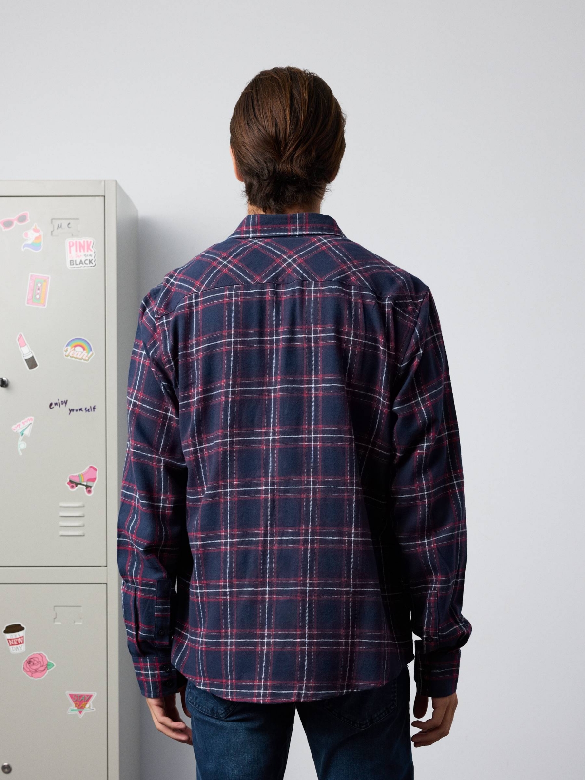 Plaid flannel shirt blue middle back view