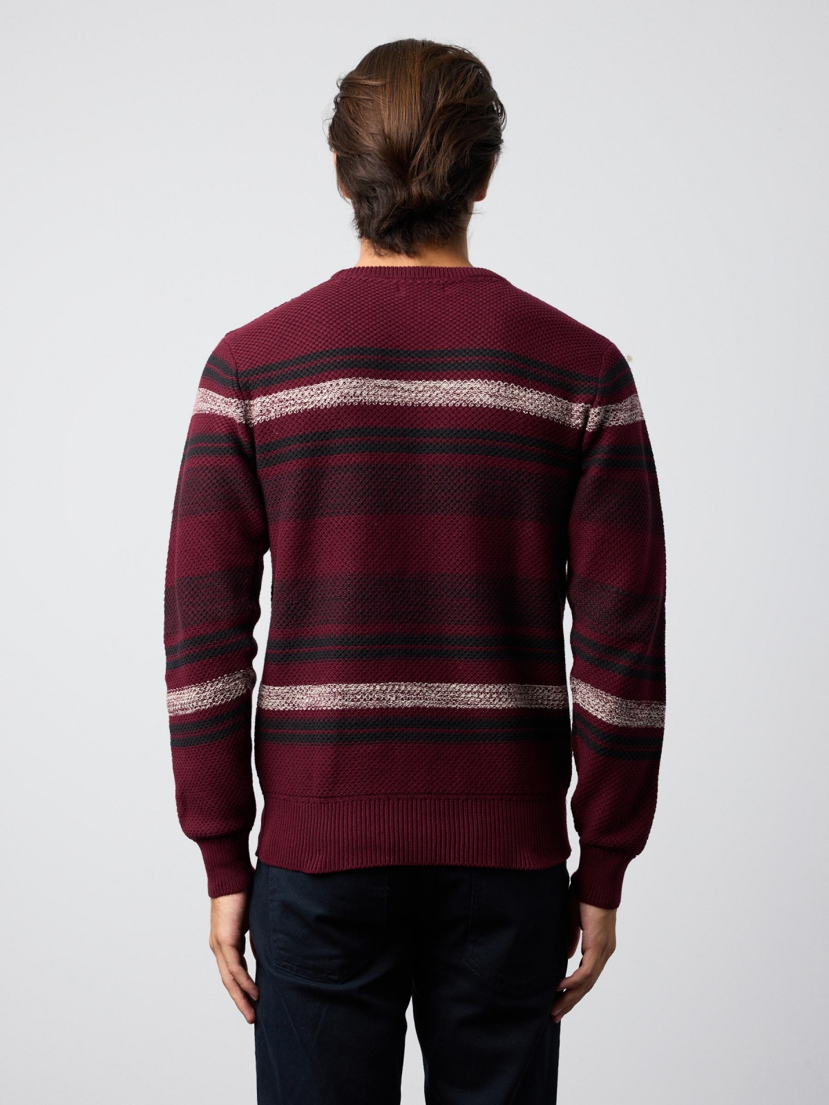 Coloured striped jumper burgundy middle back view