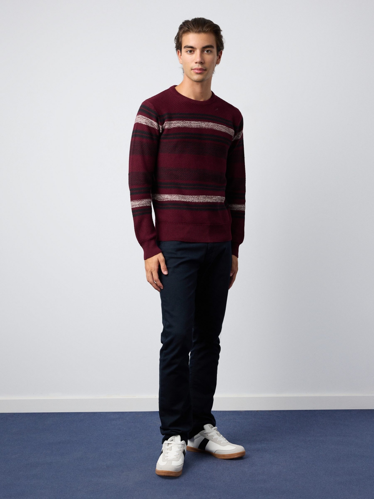 Coloured striped jumper burgundy front view