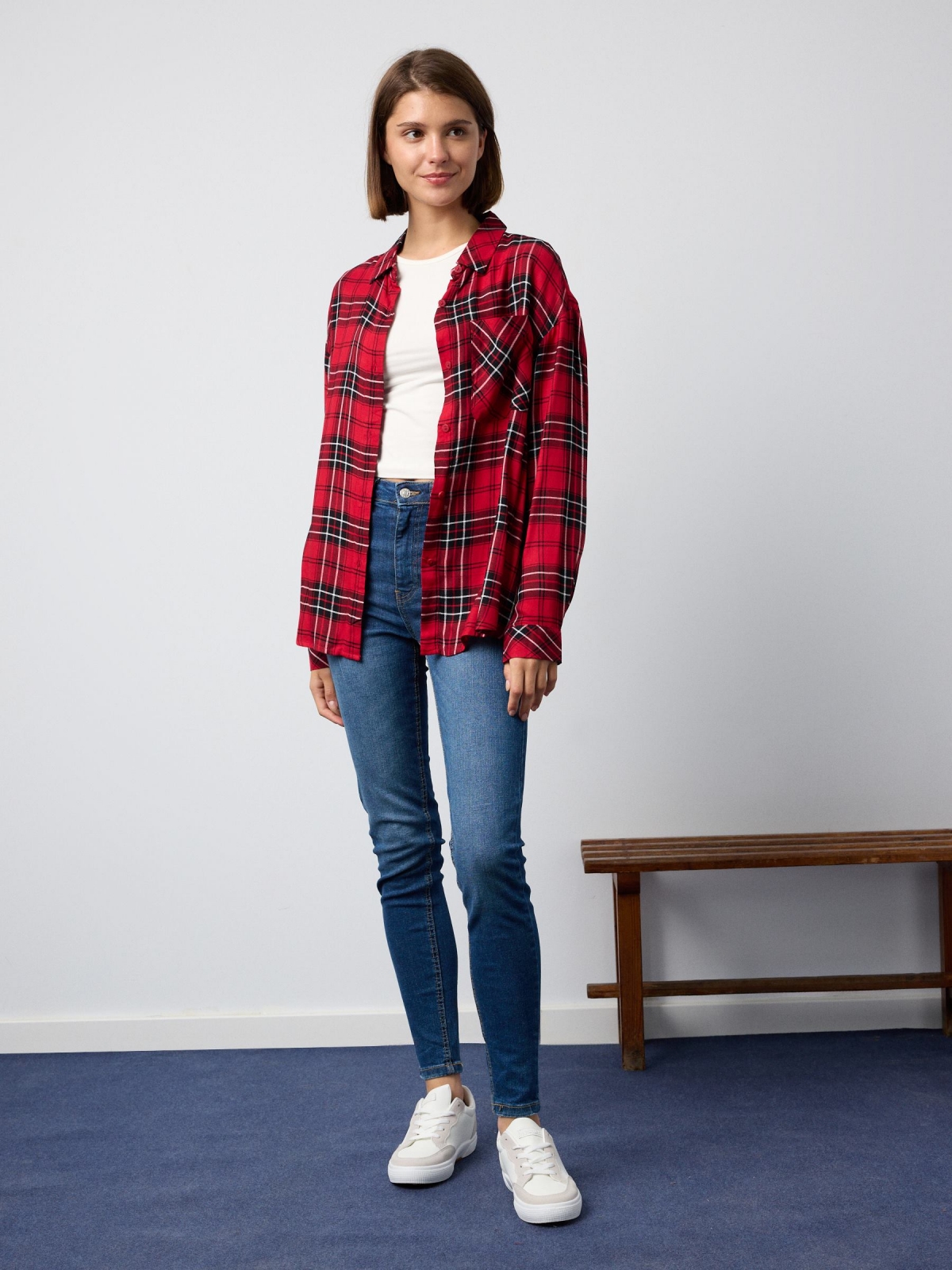 Plaid shirt with pocket red front view