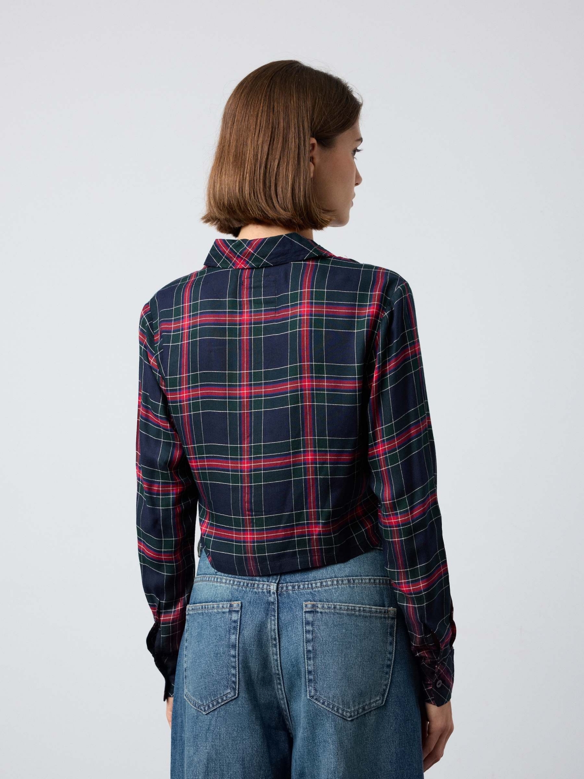 Plaid crop shirt navy middle back view