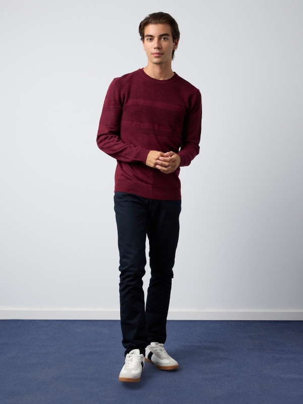 Embossed striped jumper burgundy front view