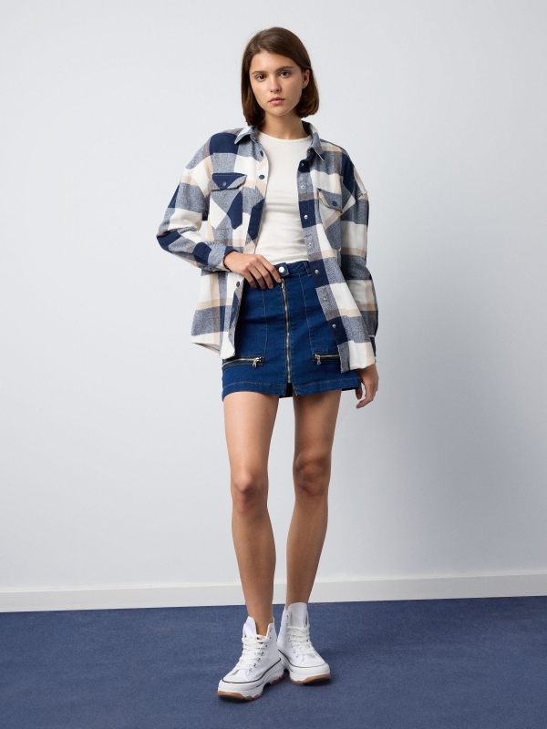 Denim mini skirt with zipper blue front view