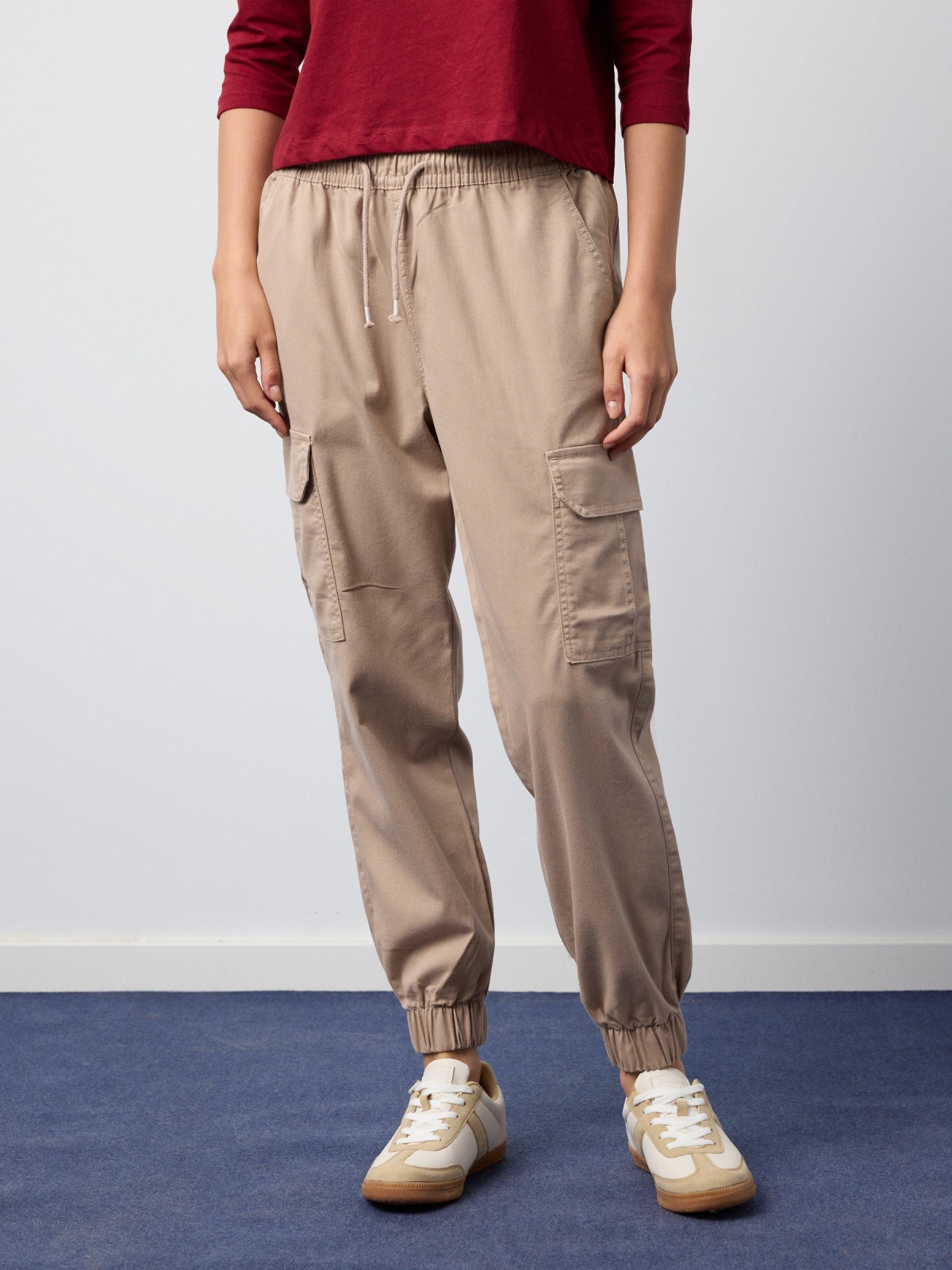 High rise cargo jogger pants sand middle front view