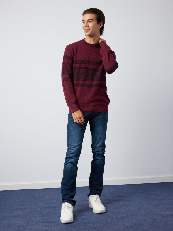 Two-colour striped jumper burgundy front view