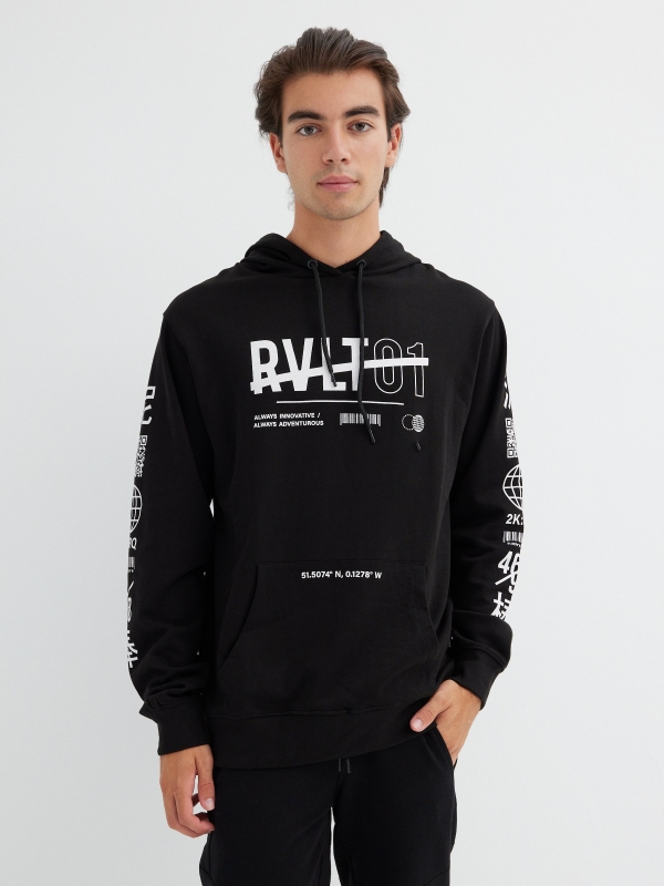 Printed black hoodie black middle front view