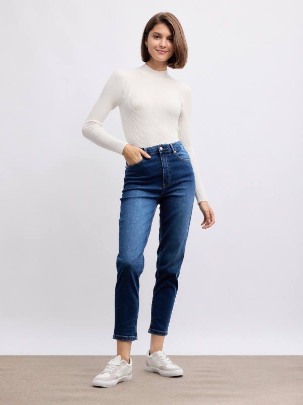 Modern mom slim denim jeans dark blue front view