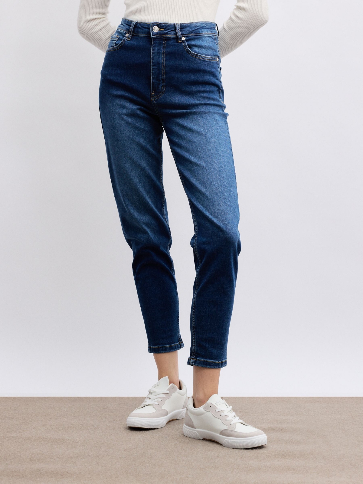 Modern mom slim denim jeans dark blue middle front view