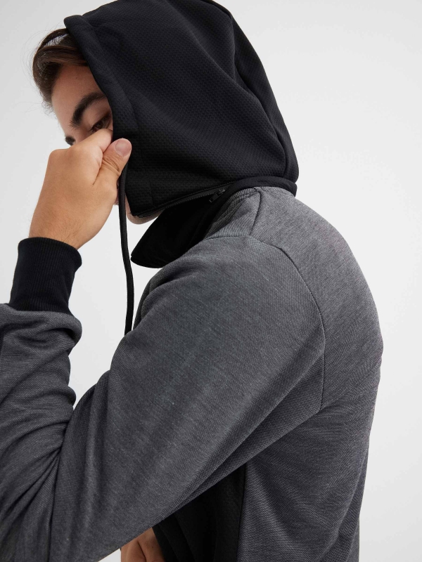 Long sleeve hooded sweatshirt block colour black detail view