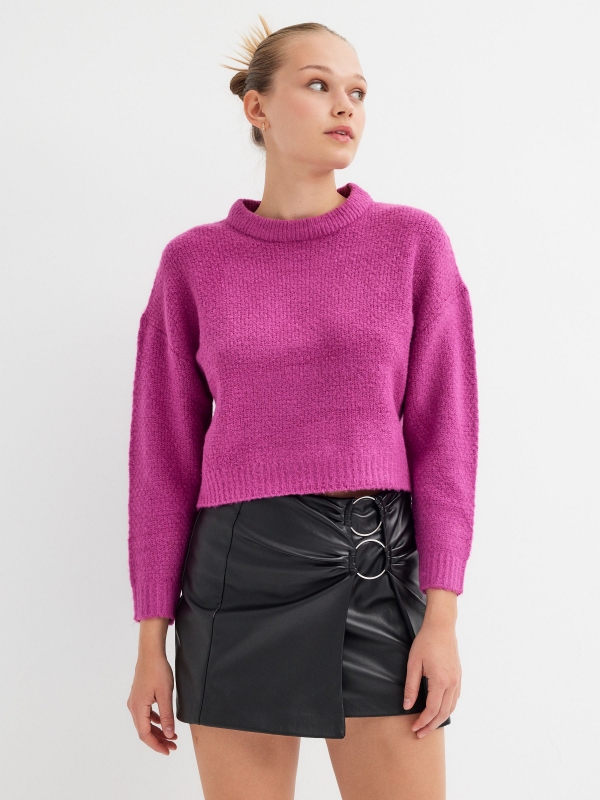 Cropped round neck jumper fuchsia middle front view