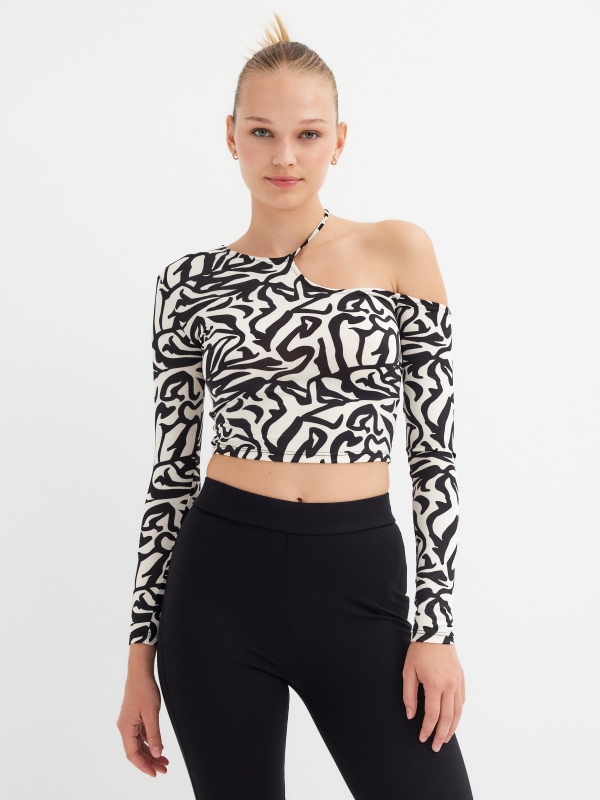 Asymmetric abstract print t-shirt off white middle front view