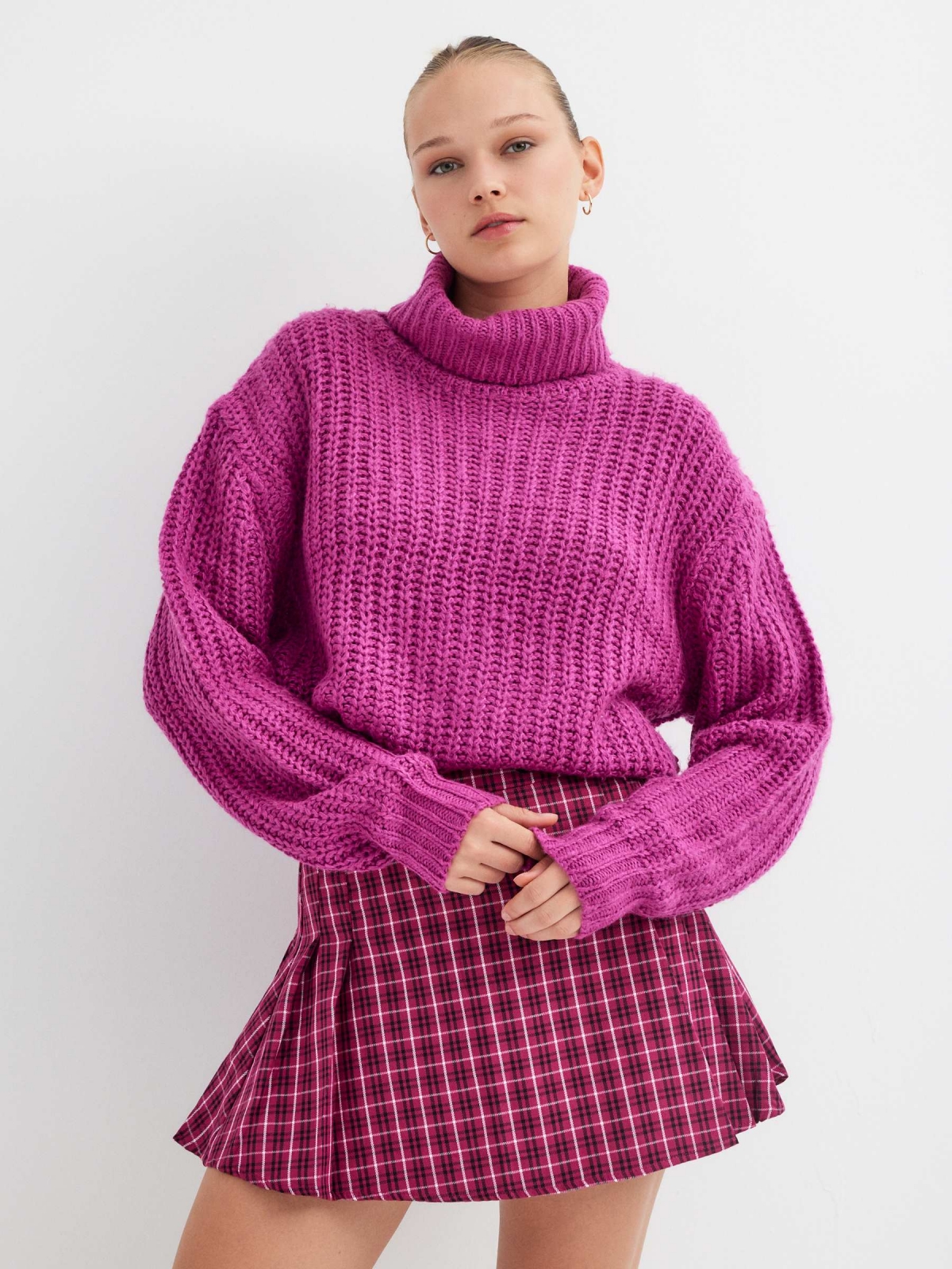 Roll neck knit jumper fuchsia middle front view