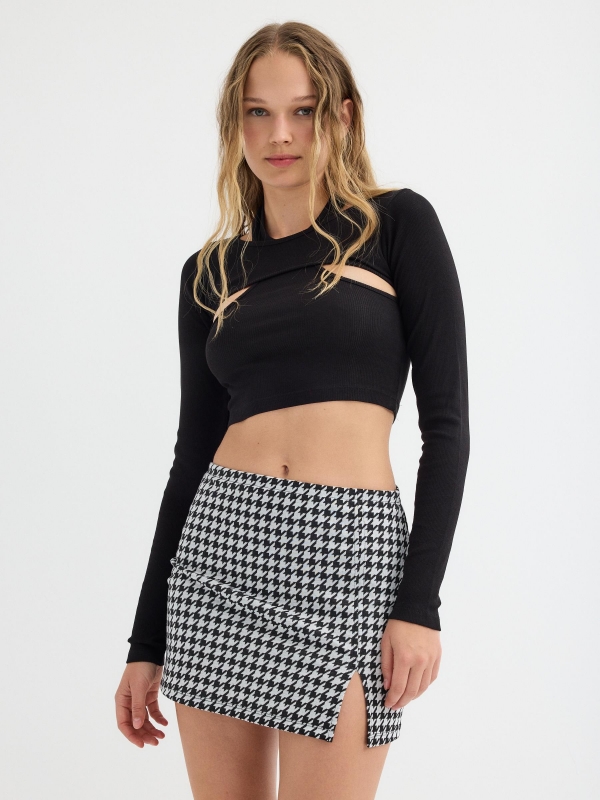 Mini jacquard skirt with slits black middle front view