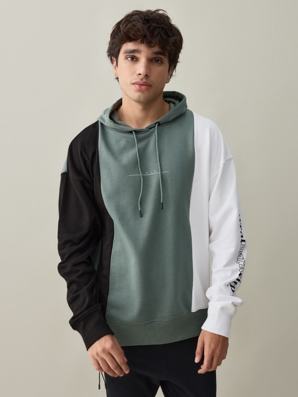 Tricolor sweatshirt with text greyish green middle front view