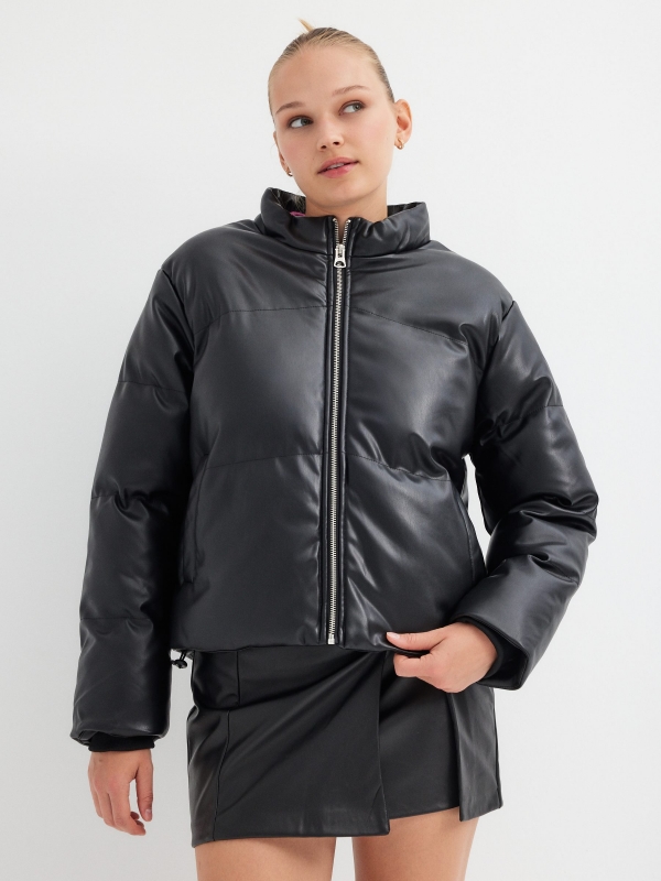 Quilted leatherette jacket black middle front view