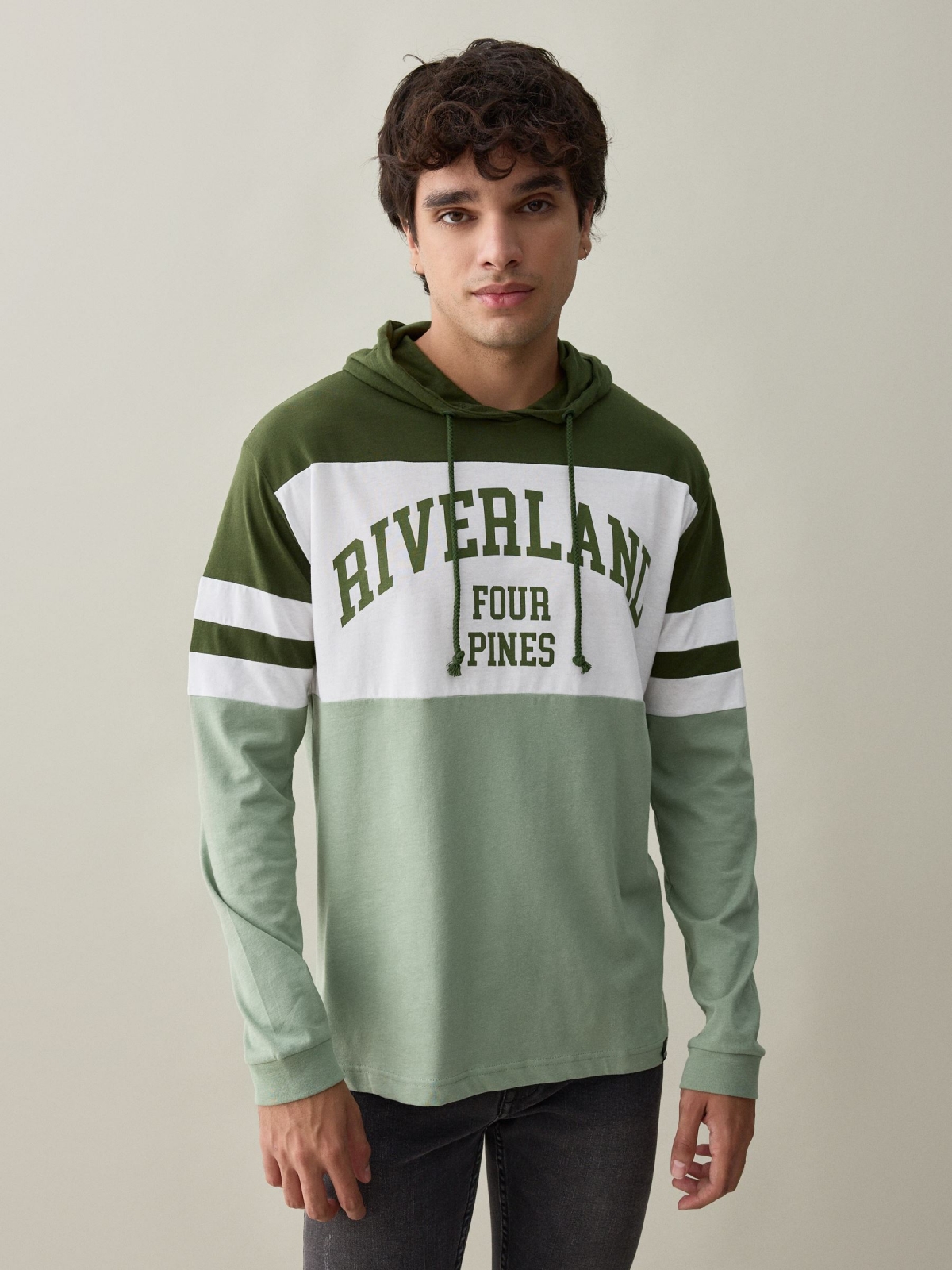 Riverland hooded T-shirt greyish green middle front view