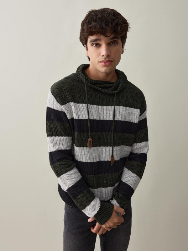 Striped jumper with hood dark green middle front view